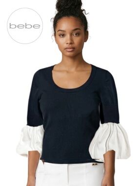 BEBE Low Scoop Neck Fitted Top with Statement Puffy Balloon Sleeves